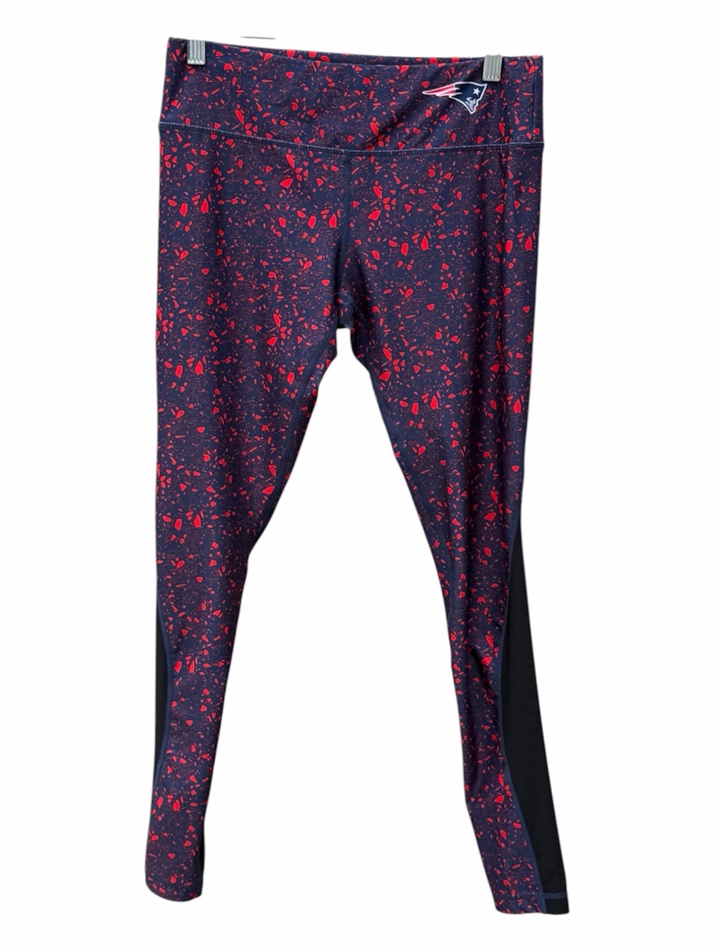 NFL Patriots Navy Leggings w/ Red Confetti Print & Black sheer Side Panels- Med